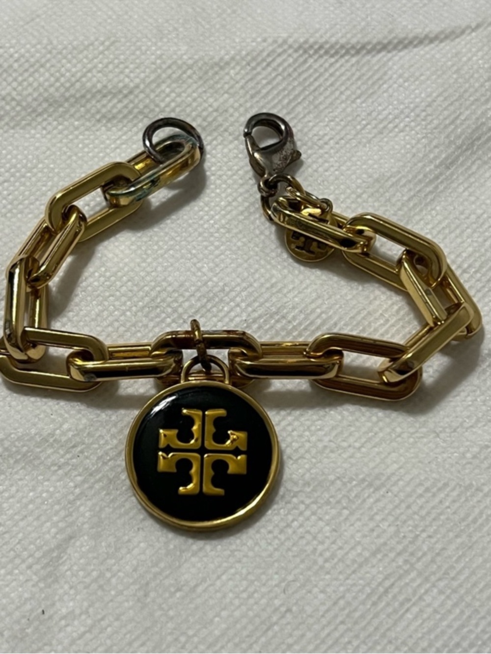 Tory Burch Gold Link Bracelet with Black Enamel Logo Charm